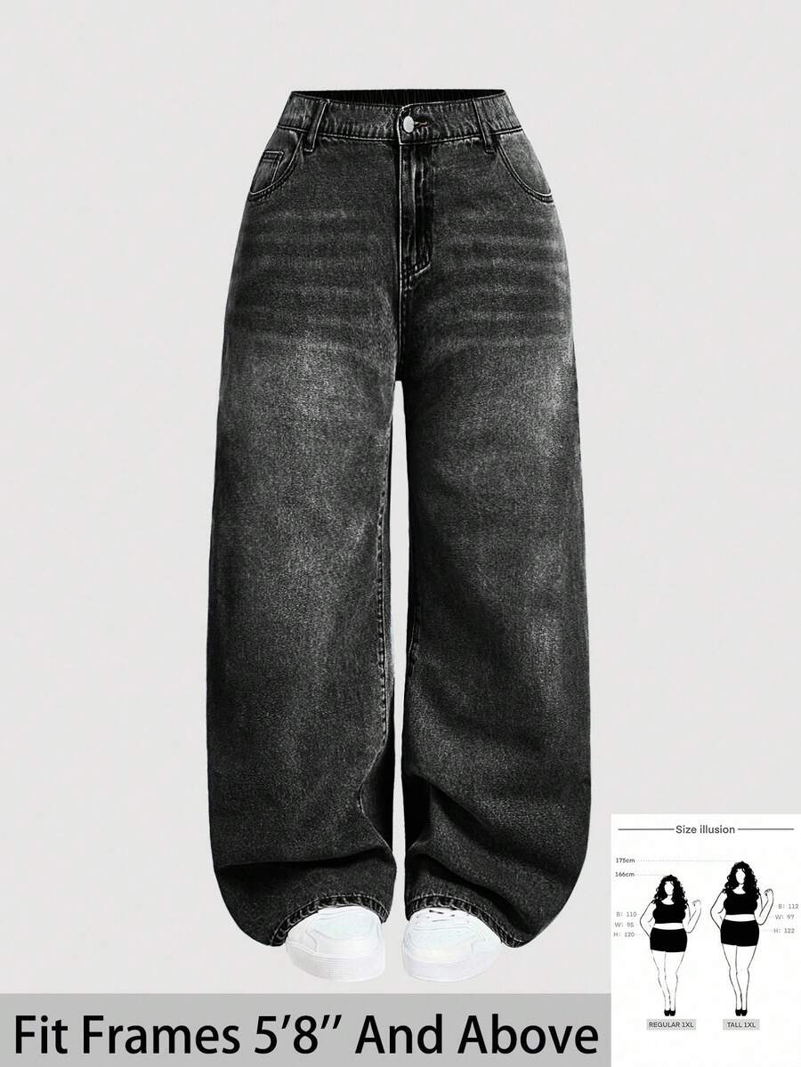 SHEIN Tall CURVE 大码女式休闲基本款蓝色牛仔宽松裤 - 黑色 - 查看 1