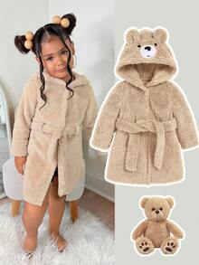 年轻女孩可爱熊刺绣 3D 耳朵加厚腰长袍，圣诞节和万圣节家居服 - 卡其色 - 查看 1
