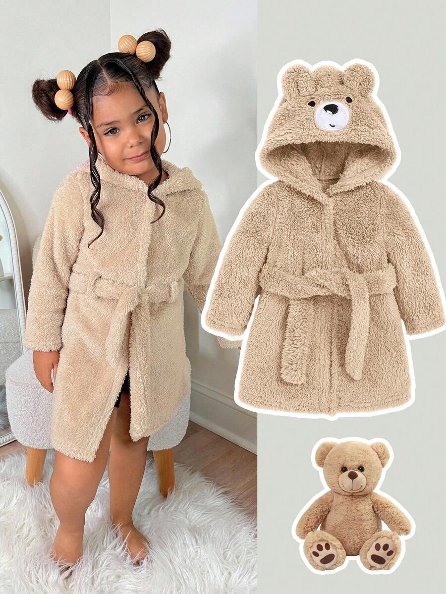 年轻女孩可爱熊刺绣 3D 耳朵加厚腰长袍，圣诞节和万圣节家居服 - 卡其色 - 查看 1