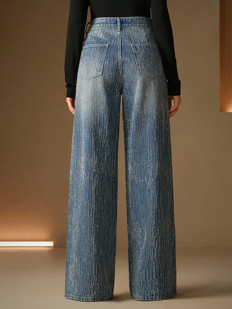 Heavily Embellished Rhinestone Studded Wide Leg Jeans, Suitable For Autumn, Formal Occasions, Parties, Chic, New Year, Christmas, Work, Graduation