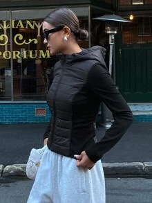 DAZY 女式撞色拉链抽绳连帽棉服外套，秋冬夹克 - 黑色 - 查看 4