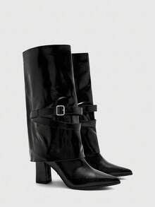 CUCCOO BIZCHIC High Shaft Pointed Toe Chunky Heel Side Zipper European And American Fashion Women Boots - Black - View 6