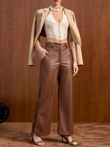 EURMUSE Women Solid Color Pocket And Button Detailed Wide Leg Pants - Brown - View 5