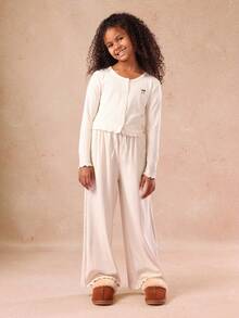 SUMWON Girls Cozy Ribbed Knit Co-Ord Set With Long Sleeve Button Up Cardigan And Wide Leg Pants Winter Holiday Wear Two Piece Outfit Fall - Beige - View 1
