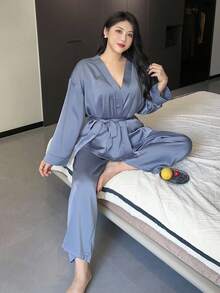 Dazy Plus 2pcs/Set Elegant Plus Size Women Casual Solid Color Lace-Up Top And Pants Pajama Set, Fall Clothes - Royal Blue - View 5