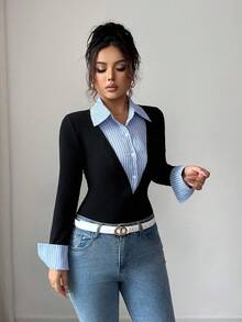 Jeanoix Elegant Patchwork Striped Waist Cinched Long Sleeve Top For Women - Black - View 4