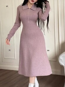 Feyla 女式纯色修身长袖休闲针织毛衣裙，百搭优雅的秋冬女装 - 粉色 - 查看 6