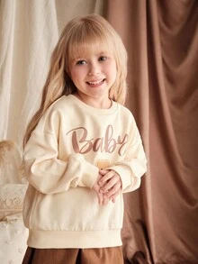 Loomiva YYoung Girls Cute Bear Print Crew Neck Sweatshirt, Comfortable Casual Pullover Suitable For Everyday Wear And School, Autumn/Winter Fall - Beige - View 3