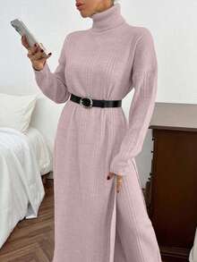 EURMUSE Ensemble robe pull longue et pantalon pull en tricot côtelé de couleur unie avec détail de fente pour femmes - Rose pâle - Voir 6