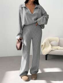 EURMUSE Woman Checkered Jacquard Polo Neck Two Pieces Sweater And Pants Co-Ords - Light Grey - View 8