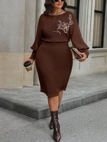 SHEIN Elenzya Váy len dệt kim cổ tròn tay đèn lồng cổ điển cỡ lớn - Cà phê nâu - Xem 4