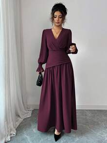 Elenzga Rochie elegantă de damă, formală, pentru birou, naveta, casual, vacanță, petrecere, vintage, toamnă, maro cafea, stil oriental, decolteu în V, talie plisată, linie A, încrucișată la spate, cu mâneci bufante, elastică - Maro - Vizualizare 6