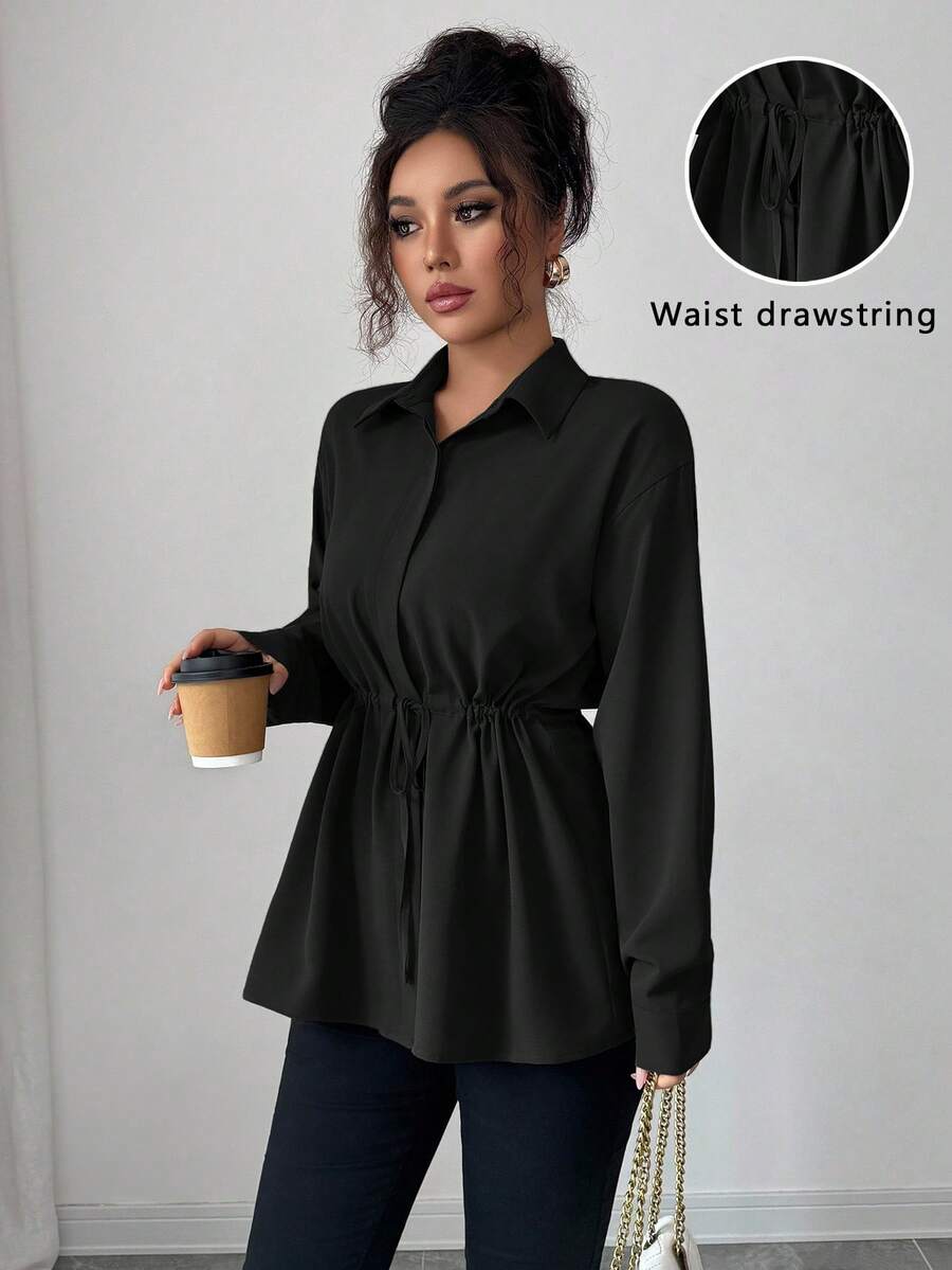 Elenzga Women's Elegant French Office Commute Street Style Utility Shirt, Featuring Shirt Collar, Front Placket, Waist Drawstring, Bowknot Long Sleeve Blouse, Suitable For Spring, Autumn And Winter - Black - View 1