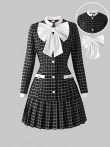 SHEIN Váy dài tay họa tiết bướm thanh lịch cho bé gái tuổi teen - màu đen - Xem 6