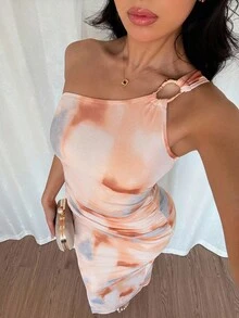 Breezaya Women's Metal Buckle Asymmetric Neck Pleated Slit Elegant Dress - Multicolor - View 6