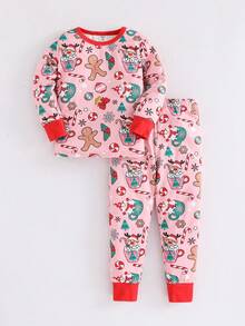 SHEIN 4pcs Young Girl Christmas Pattern Knit T-Shirt & Leggings Pajama Set,Cotton Bamboo Snug Fit Night Fairy Pink Autumn Baby Shower Sleepwear - Multicolor - View 7