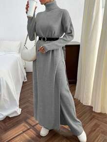 EURMUSE Conjunto de vestido de suéter largo con detalle de abertura y pantalones de suéter de punto acanalado de unicolor para mujer - Gris Claro - Ver 2
