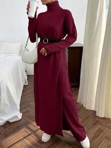 EURMUSE Women Solid Color Rib Knit Turtleneck Slit Detailed Long Sweater Dress & Sweater Pants Set - Burgundy - View 2