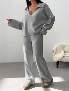 EURMUSE Woman Checkered Jacquard Polo Neck Two Pieces Sweater And Pants Co-Ords - Light Grey - View 3