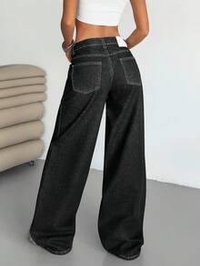 EURMUSE WOMEN LOW WAIST WIDELEG CASUAL STREET DARK BLUE WITH BACK LABEL WATER WASH - Dark Grey - View 2