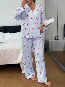 SHEIN 女士翻领爱心条纹长袖上衣和裤子睡衣套装，秋冬服装 - 彩色 - 查看 3