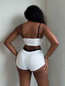 Alexandranx 2pcs/Set Colorblock Lace Splice Bow Decor Camisole And Ultra Low Waist Lace Splice Foldover Waistband Mini Shorts,Summer Sets - White - View 2