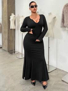 SHEIN EZwear 加大码黑色美人鱼裙和长袖T恤两件套 - 黑色 - 查看 5