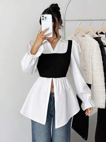 SHEIN قميص أنيق وبسيط مريح للمراهقات، بياقة وأكمام طويلة، تصميم لونين - أبيض وأسود - مشاهدة 2