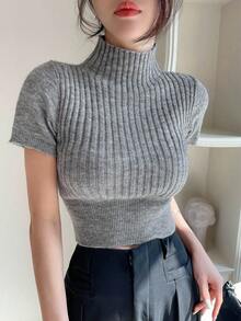 DAZY Mock Neck Crop Ribbed Knit Top - Grey - View 3