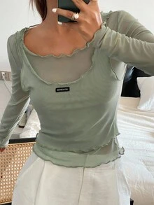 Livesso Women's Fitted 2 In 1 Long Sleeve Letter Jacquard Spring/Summer Top T-Shirt - Green - View 6