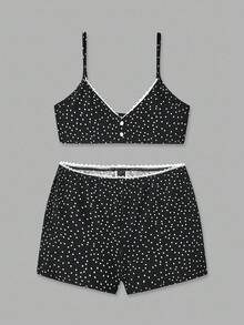 lacRébo 黑色波点蕾丝花边文胸和配套短裤内衣套装秋季女装秋冬 - 黑色 - 查看 8