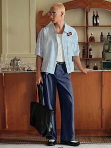 SWAVVY 男士条纹褶皱腰带环休闲直筒宽松西装裤 - 藍白色 - 查看 2