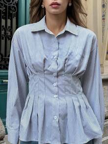 SHEIN Unity Striped Waist Cinching Casual Shirt, Suitable For Commuting, Autumn/Winter - Black and White - View 5