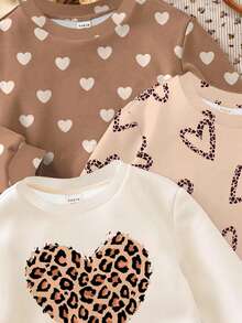 SHEIN 3 件套女婴休闲宽松柔软圆领运动衫，摩卡配色，奶油白，奶油米色，奶油饼干色，复古豹纹蝴蝶结，迷你波尔卡圆点蝴蝶结图案，适合秋冬季穿着舒适