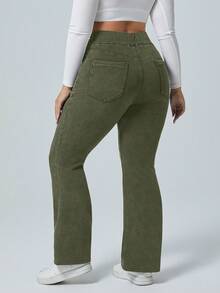 Flexra Plus Size Solid Color Elastic Waist Stretchy Knit Casual Wide Leg Flare Jeans - Army Green - View 2