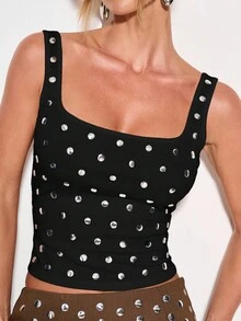 KIZN 铆钉方领短款背心夏季节日个性单品复古别致无袖俱乐部派对时尚日常休闲装 - 黑色 - 查看 6