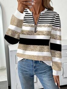 EMERY ROSE Textured Striped Print Zip-Up Round Neck Plus Size Women Sweatshirt Fall - Multicolor - View 4
