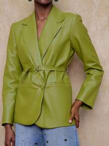 SHEIN Privé VITNOS 新款秋冬高端女士休闲日常通勤女士纯色 PU 皮革翻领长袖时尚西装外套绿色西装外套女士女士仿皮西装外套绿色仿皮西装外套女士西装外套配腰带女士西装外套 - 薄荷綠 - 查看 11