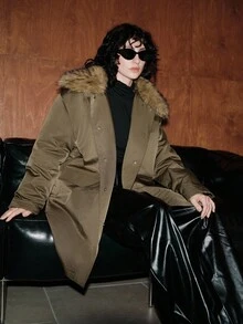 Uhlyne Uhlyne Commuting Casual Loose Comfortable Versatile Detachable Fur Collar Mid-Length Padded Coat For Women - Olive Green - View 3