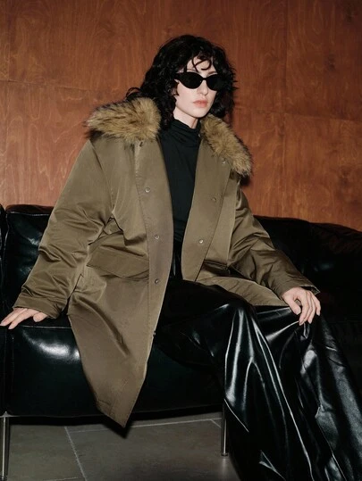 Uhlyne 女士通勤休闲宽松舒适百搭可拆卸毛领中长款夹棉大衣