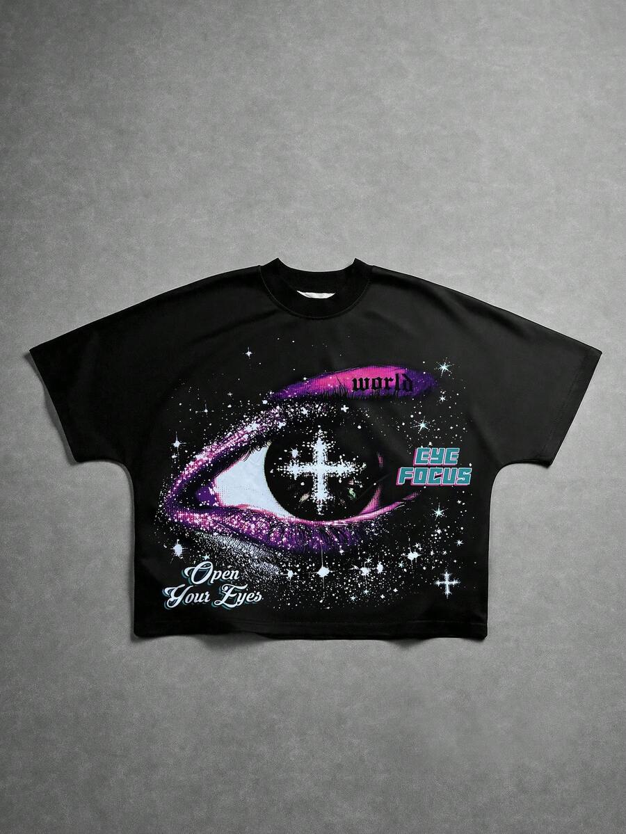 PAVTROS Camiseta corta de cuello alto con mangas de murciélago y estampado gráfico de ojo grande, estilo callejero estadounidense - Negro - Ver 1