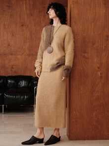 Uhlyne Uhlyne Women's Old Money Elegent Two-Piece Sweater Set,All Shades Of Brown Autumn Fuzzy Knitted Co-Ords,Loose Fit Round Neck Color-Block Brunch Outfit,Khaki - Khaki - View 4