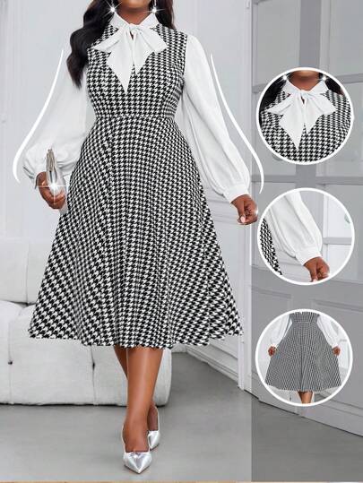 SHEIN Lady 大码黑白千鸟格领带腰A字二合一衬衫裙，中长款大码连衣裙，大码千鸟格连衣裙，适合曲线身材的早午餐装扮，大码千鸟格连衣裙，适合教堂穿着，秋季女装，秋季服装，优雅女装，层叠中长裙，教师制服，教师制服，秋季蕾丝连衣裙，四季哥特式女装，万圣节服装，哥特式大码女装，女士秋季服装