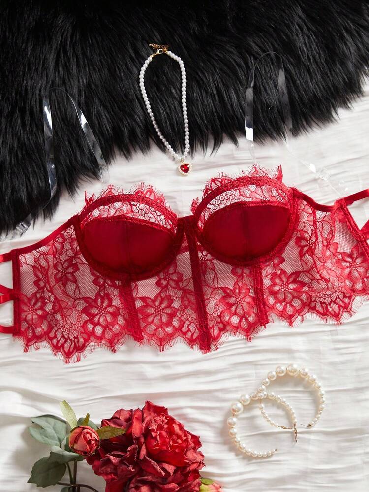 SHEIN Women's Fashion Strapless Lace Wireless Bra - Burgundy - View 4
