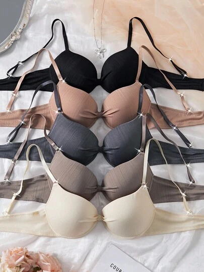 SHEIN 5 piezas Sujetadores casuales para mujer con aros, sujetador de cierre frontal con estilo minimalista