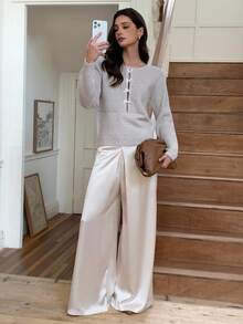 Elyressa Women's Casual Round Neck Long Sleeve Sweater With Bow Decor, Autumn - Apricot - View 7