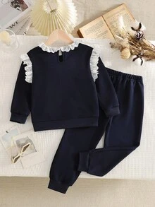 SHEIN Playful Pals 2 件套年轻女孩白色蕾丝领刺绣长袖上衣和海军蓝裤子运动服，休闲装适合日常穿着，春秋季，圣诞节 - 藏蓝色 - 查看 2