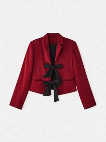lacRébo Wine Red Cropped Blazer With Black Ribbon Ties Spring Spring Summer Chic Blazer Going Out New Year - Burgundy - View 7