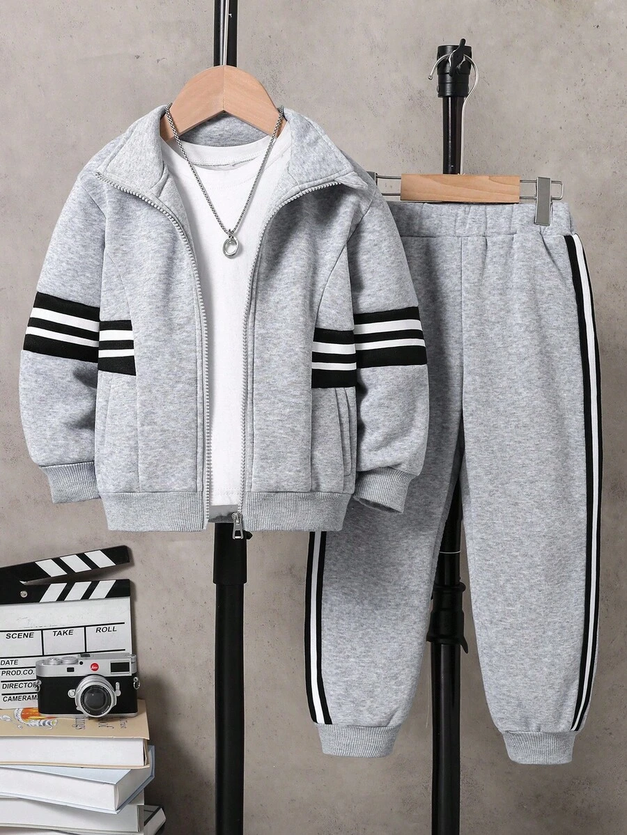 SHEIN Explorewe 2件套男童条纹长袖拉链羊毛夹克和慢跑裤休闲装 - 淺灰色 - 查看 1