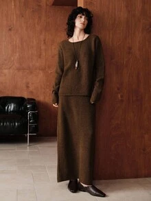 Uhlyne Uhlyne 秋冬羊毛面料极简奢华商务女装，优雅休闲复古复古风圆领长袖，女士毛衣两件套（上衣和裙子），适合通勤 - 咖啡棕 - 查看 7